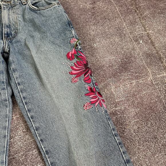 Women's Vintage Y2K Express Bleus USA Floral Embroidered Blue Jeans Sz 27 X 30 - Picture 2 of 4